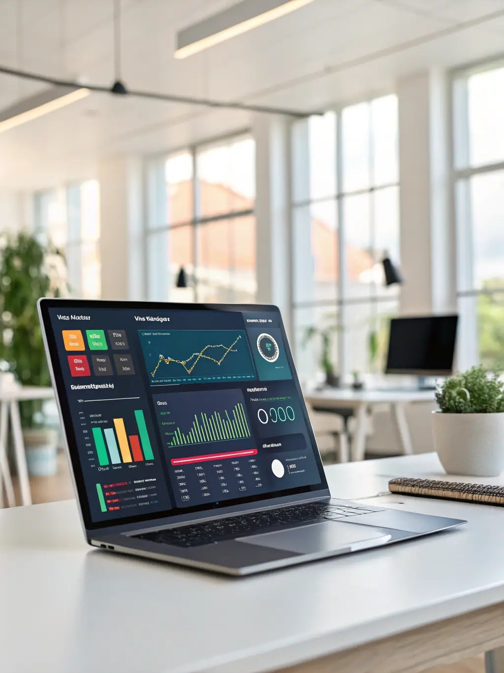 A close-up shot of The Draive's user interface, showcasing its intuitive dashboard and data visualization tools, set in a modern office environment.